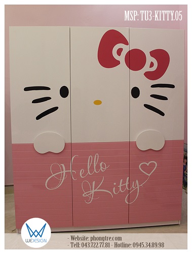 Tủ áo Hello Kitty MSP: TU3-KITTY.05 trang trí hình Mèo Kitty đeo nơ cầm biển tên Hello Kitty