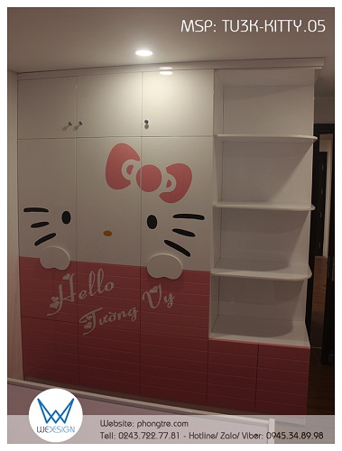 Tủ quần áo Hello Kitty cầm biển tên liền kệ trang trí có tủ kho TU3K-KITTY.05
