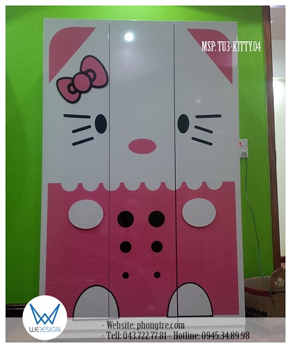 Tủ quần áo Hello Kitty mặc quần yếm đeo nơ hồng MSP: TU3-KITTY.04