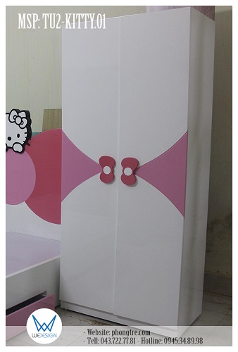 Cánh tủ trang trí đường diềm cong vén vào vào điểm tiếp xúc cánh & tay nắm nơ cài đầu Hello Kitty