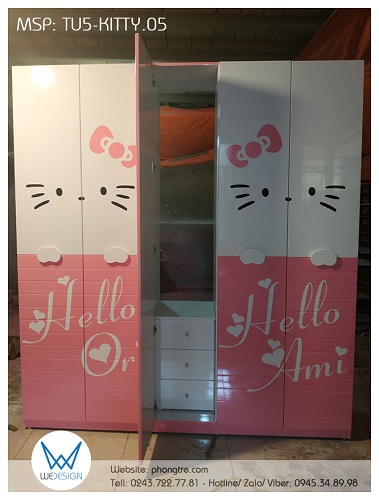 Tủ Hello Kitty TU5-KITTY.05 chia 5 cánh mở - 3 buồng, 2 buồng tủ to 2 bên để treo đồ riêng của 2 bé và buồng tủ nhỏ ở giữa cho 2 bé dùng chung, để đồ gấp