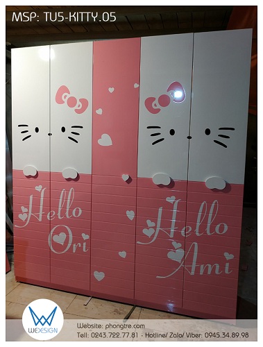 Tủ quần áo Hello Kitty 5 cánh TU5-KITTY.05 trang trí tên 2 bé gái nhà anh Phong, Ori và Ami