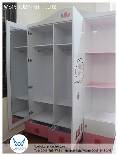 Kết cấu bên trong tủ 2 cánh - 2 buồng - 2 ngăn kéo liền kệ góc để đồ trang trí Hello Kitty TU2K-KITTY.012